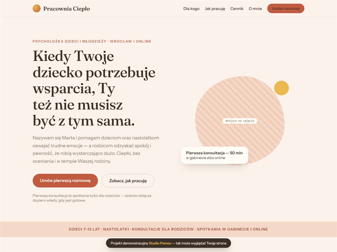 Podgląd strony Pracownia Ciepło — projekt demonstracyjny Studio Pomoc