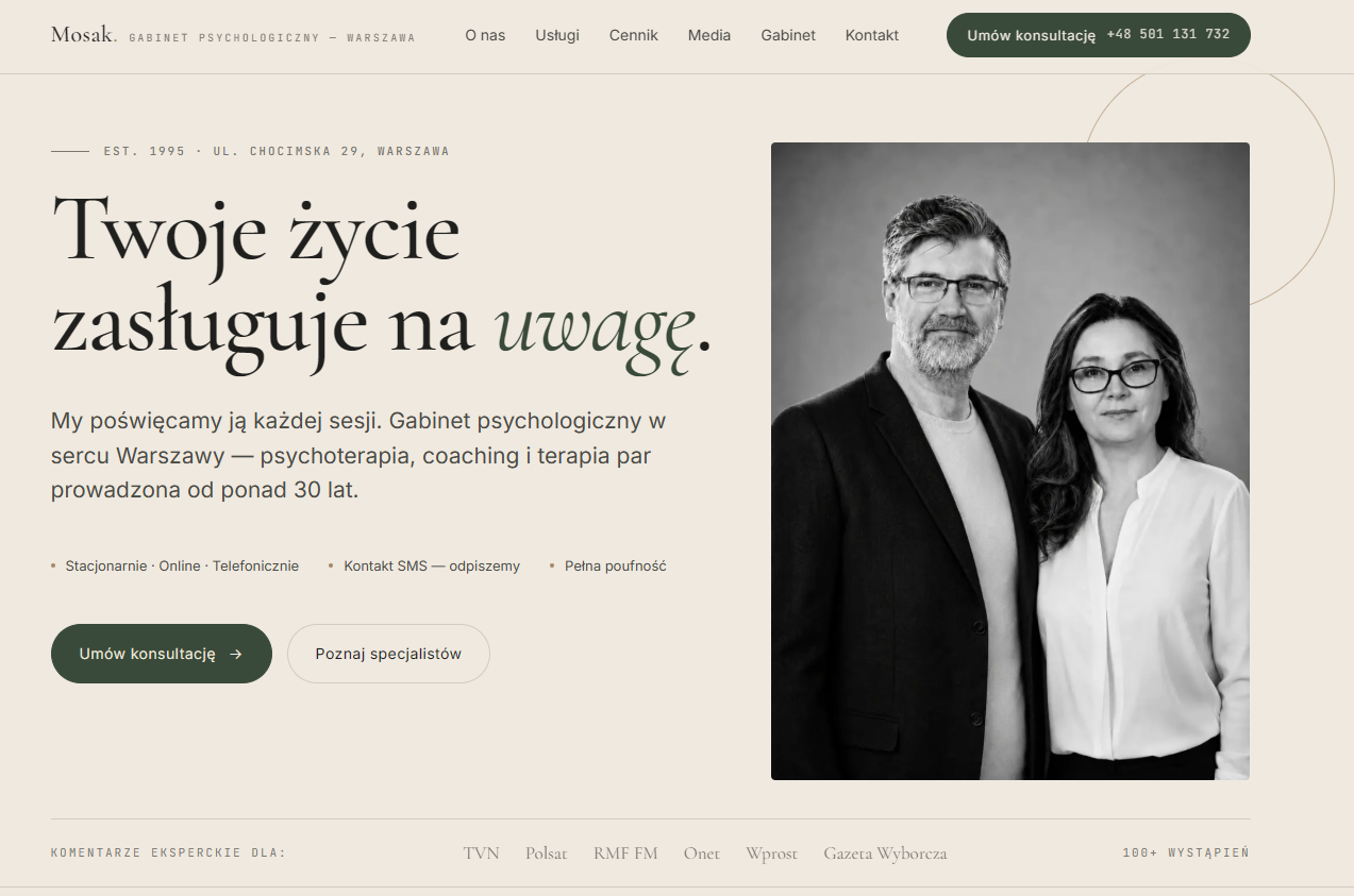 Strona gabinetu psychologicznego Mosak — realizacja Studio Pomoc