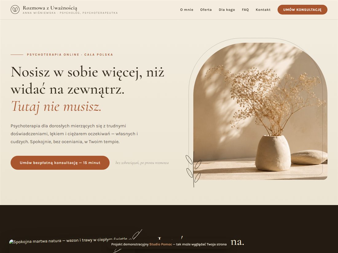 Podgląd strony Rozmowa z Uważnością — projekt demonstracyjny Studio Pomoc